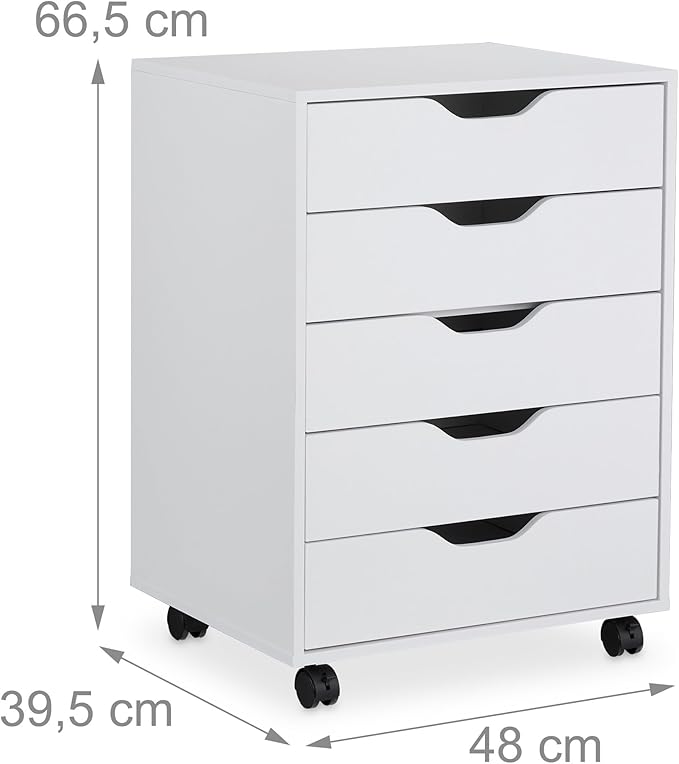 Relaxdays 5 Drawer Roll-Up Cabinet H 66.5 x W 48 x D 39.5 cm Office Cabinet Filing Cabinet with Wheels Office White