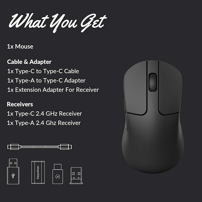 Keychron M3 Mini Wireless Optical Mouse, Bluetooth 5.2/2.4 GHz/Wired Gaming Mouse, Programmable PixArt 3311 Sensor with up to 12,000 DPI/ 650 IPS, Lightweight Ergonomic for Windows Mac Linux - Black
