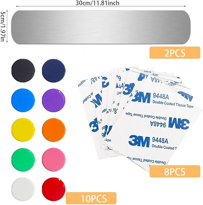 Stainless Iron Strips Bulletin Bar Board Adhesive Frameless Magnetic Bulletin Bar Strip with 10 Pieces Colorful Magnets and 8 Pcs Adhesive Tape, Memo Strip for School Office 2Pcs