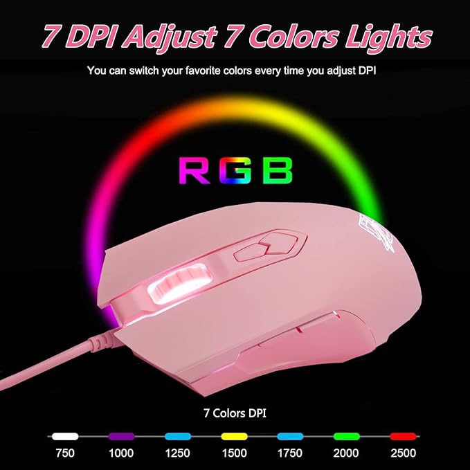 Lomiluskr AJ52 RGB Wired Gaming Mouse, 7 Programmable Buttons, Computer Mice with RGB Lighting, 200-4800 DPI Adjustable, for PC/Laptop (Pink)