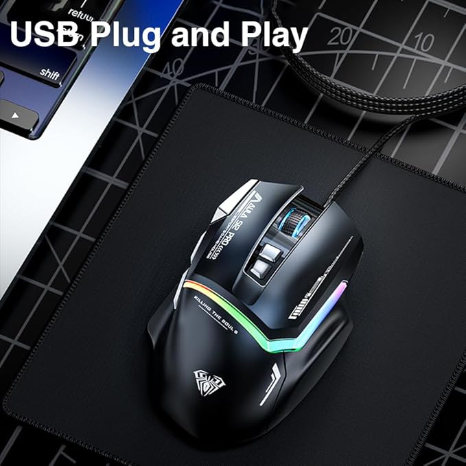 AULA S12Pro White Wired Gaming Mouse,12800 DPI Optical Gamer Mouse with RGB Backlit,8 Programmable Buttons,Software Supports DIY Keybinds Rapid Fire Button