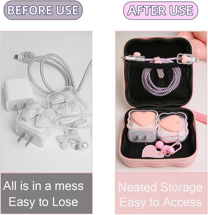 Charger Cover Storage Bag, Lovely 3D Love Heart Waves Design Charger Protector Travel Storage Case, Earphone Wire Saver Cable Cord Organizer Wireless Earphone Storage Box, Pink Love