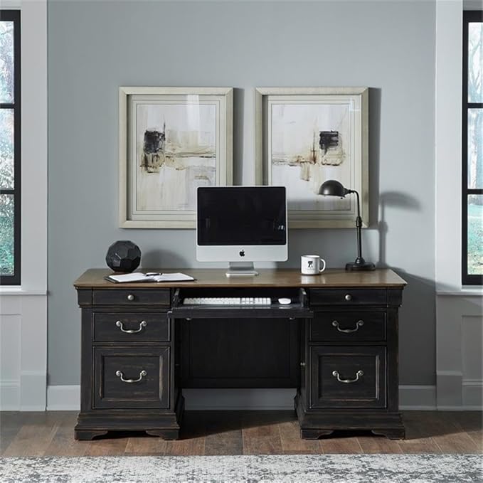 Pemberly Row Modern 5 Piece Jr Executive Desk Set, Aged Charcoal Finish, Poplar Solids with Birch & Maple Veneers, Includes Desk, Credenza & Hutch, LED Lighting, Locking File Drawers for Office Use