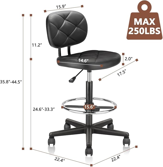KLASIKA PU Leather Rolling Stool with Foot Rest and Back Support, Adjustable Diamond Upholstered Drafting Chair with Wheels, Multi-Purpose Desk Chair for Home Office Bar Kitchen Shop, Black (1PK)