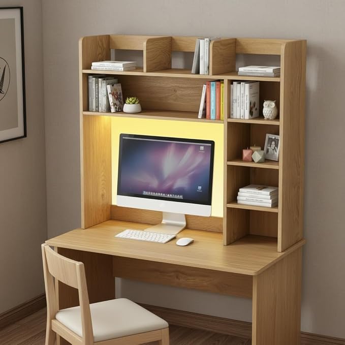 Tangkula Desktop Bookshelf with LED Lights, Desk Hutch with 8 Shelves for Max 25" Monitor, Desktop 5-Tier Display Rack, Multipurpose Wood Desktop Storage Hutch Organizer for Dorm Office Home (Natural)