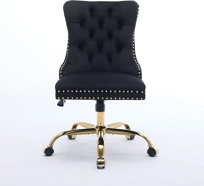 Goujxcy Desk Chair, Modern Velvet Upholstered Tufted Button Home Office Chair, 360° Swivel Armless Desk Chairs, 120°Rocking Ergonomic Computer Task Vanity Chairs, Black
