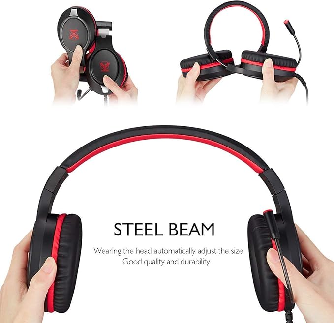 Gaming Headset for Nintendo Switch, Xbox One, PS4, PS5, Bass Surround and Noise Cancelling with Flexible Mic, 3.5mm Wired Adjustable Over-Ear Headphones for Laptop PC iPad Smartphones (Red-Black)