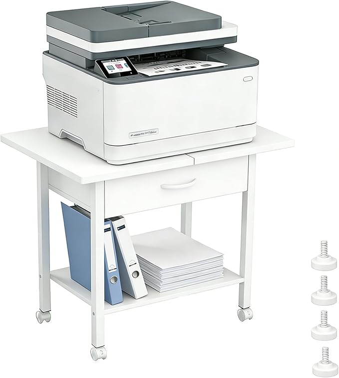 22" x 15" Under Desk Rolling Printer Stand, 2-Tier Industrial Mobile Printer Table with Strong Fabric Drawer, Storage Shelf, Steel Frame and Lockable Wheels, Printer Cart for Home Office (White)