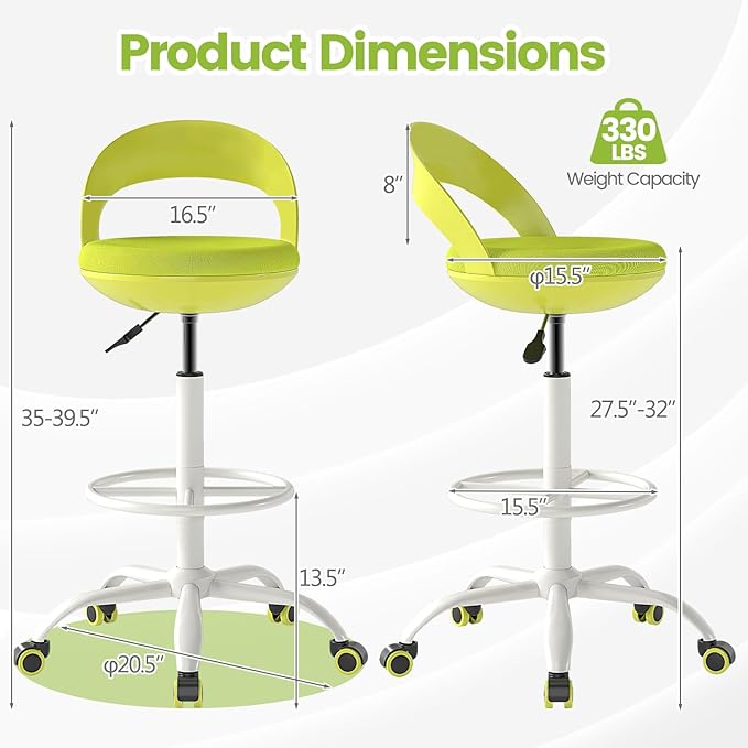 Giantex Drafting Chair Set of 2 with Back, Tall Office Chair with Footrest & Adjustable Height, Ergonomic Standing Desk Chair for Counter Height Desk, Home Kitchen, Green