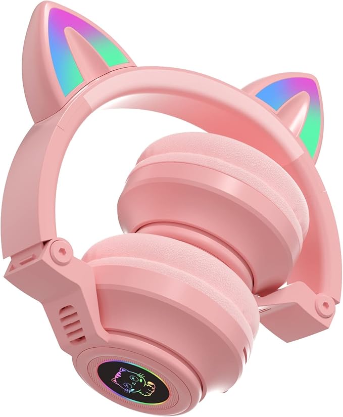 Cat Ear Bluetooth Headphones for Kids & Adults, Wireless Foldable & Wired Multi-Function LED Light Up Over Ear Headphones with Mic and Volume Control for iPhone/iPad/Laptop/PC (Pink 2)