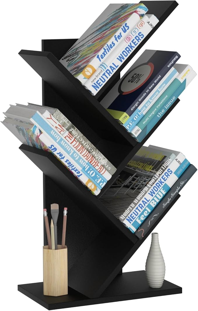 SHEEPAM 5 Tier Tree Book Shelf, Small Desktop Bookshelf with Storage Organizer, Wood Bookcase, Desk Display Bookshelves, Floor Standing Organizer Bookcases for Living Room,Bedroom,Office-Black