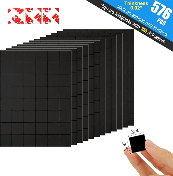 Pre-Cut Magnet Tape Strip,Thin Magnetic Squares with Self Adhesive(576PCS 3/4" x 3/4"),Sticky Magnets for Classroom/Family Activities,Peel and Stick ONLY for Cards/Picture/Paper (20mil Magnet)