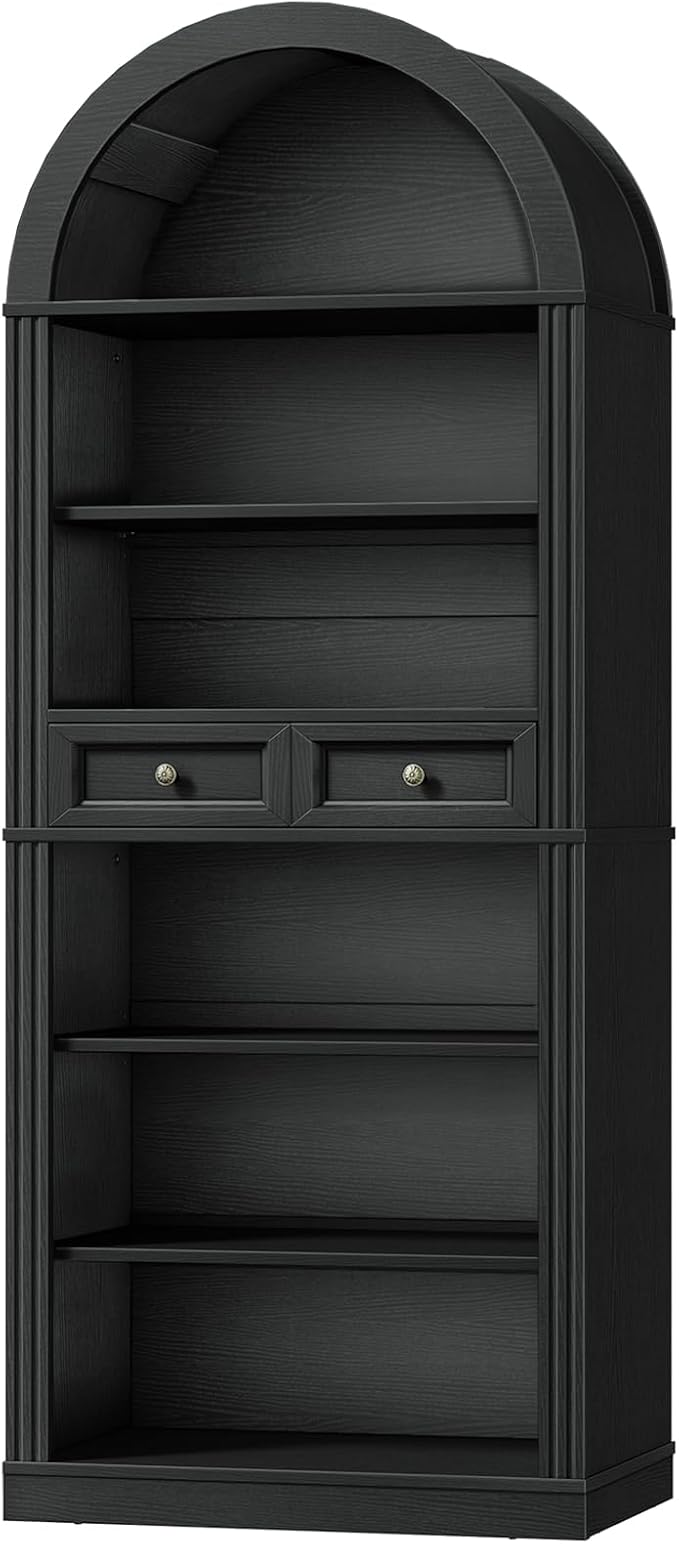 RALGEND Arched Bookshelf, 73" Tall Arch Bookcase with Drawer, 6-Tier Farmhouse Book Shelf, Wooden Bookshelf with Open Display Shelves for Living Room, Office, Adjustable Shelves, Black