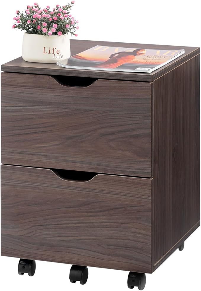 HollyHOME Under Desk Cabinet, Deep 2-Drawer Mobile Wood Cabinet, Storage Drawer for Home, Rolling Shelf for Office, Rolling Printer Stand, for A4, Modern, Dark Brown