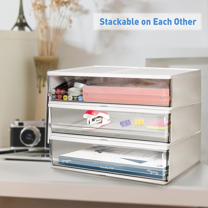 Harhana Printer Paper Holder Desk Organizer with Drawer, Stackable Desktop Storage Drawers 13.5 inch Wide - Pearl White (1 PCS)