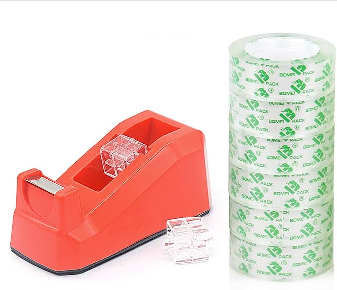 BOMEI PACK Tape Dispensers Desk, 1 Pack Red with 6Rolls Transparent Tape Refills, 1 Inch Core, for Gift Wrapping, School, Office and Home