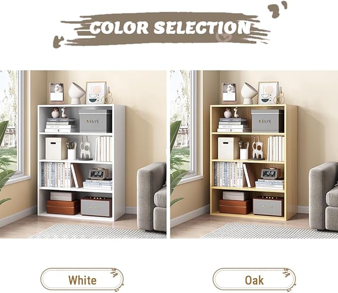 NELYE Basic Open Shelf Bookcase - 4-Tier Wooden Cube Storage Shelves Split Bookshelf, White