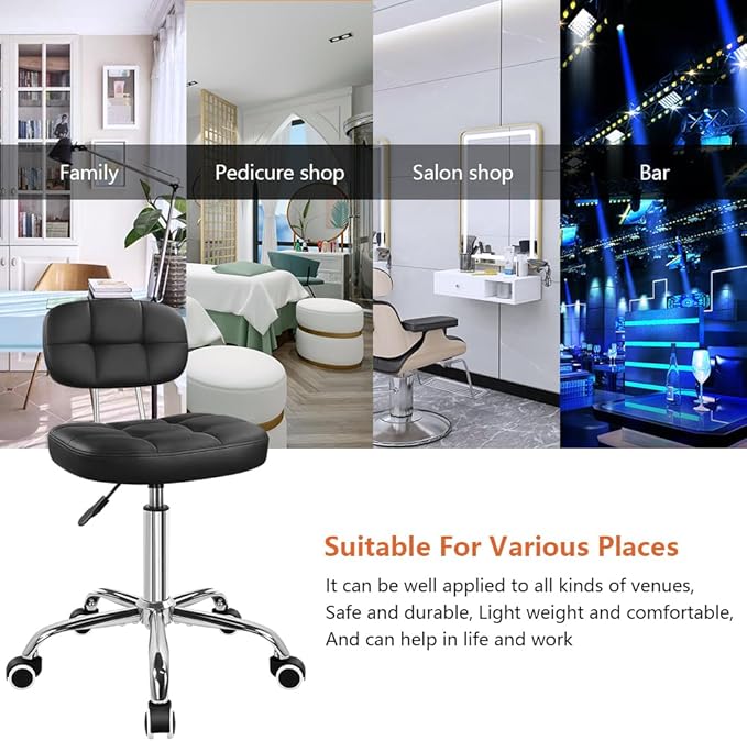KKTONER Black Home Office Chair Leather Rolling Stool with Swivel Wheels with Backrest Height Adjustable for Home Office Computer Desk SPA