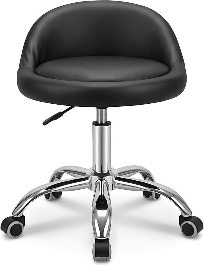 combofix Adjustable Rolling Stool with Backrest, 15" Round PU Leather Swivel Stool, Heavy Duty 400lbs Office Chair with Wheels, for Salon Tattoo Drafting Work SPA Massage Home Office, Black
