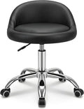 combofix Adjustable Rolling Stool with Backrest, 15" Round PU Leather Swivel Stool, Heavy Duty 400lbs Office Chair with Wheels, for Salon Tattoo Drafting Work SPA Massage Home Office, Black