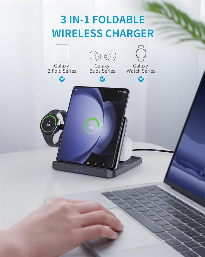 for Samsung Z Fold 6/5 Wireless Charger Station, 3 in 1 Foldable Fast Charging Stand Dock for Galaxy Z Fold 4，Flip 6/5, S23/S22, Note20/10 Ultra, Watch 6/5/Pro/4/3, Earbuds 2/2 Pro/Live