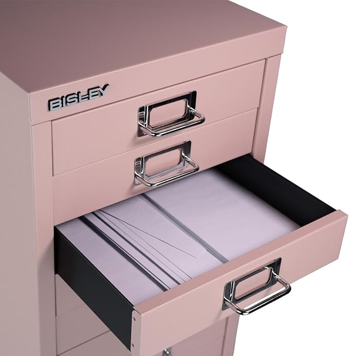 Bisley 10-Drawer Steel MultiDrawer Cabinet - Palest Pink, Chrome Pull Handles with Label Holders, Powder-Coated Steel, Removable Drawers, Fits Under Most Desks, Labels Included