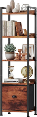 Sweetcrispy 5-Tier Bookshelf with Fabric Drawer, Wood-Metal Standing Display Shelf, Multi-Functional Organizer for Books, CDs and Movies, Suitable for Bedroom, Living Room, Brown