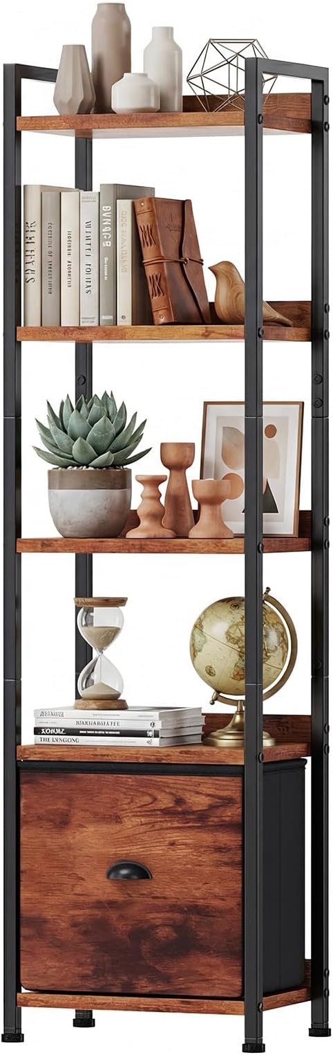 Sweetcrispy 5-Tier Bookshelf with Fabric Drawer, Wood-Metal Standing Display Shelf, Multi-Functional Organizer for Books, CDs and Movies, Suitable for Bedroom, Living Room, Brown