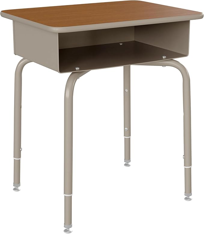 EMMA + OLIVER Jacobs Desk/Stackable Ergonomic Chair Set, Flex Comfort Seat Back, Adjusting Desk Legs, Metal Open Front Storage Box, Walnut Desktop/Navy Chair