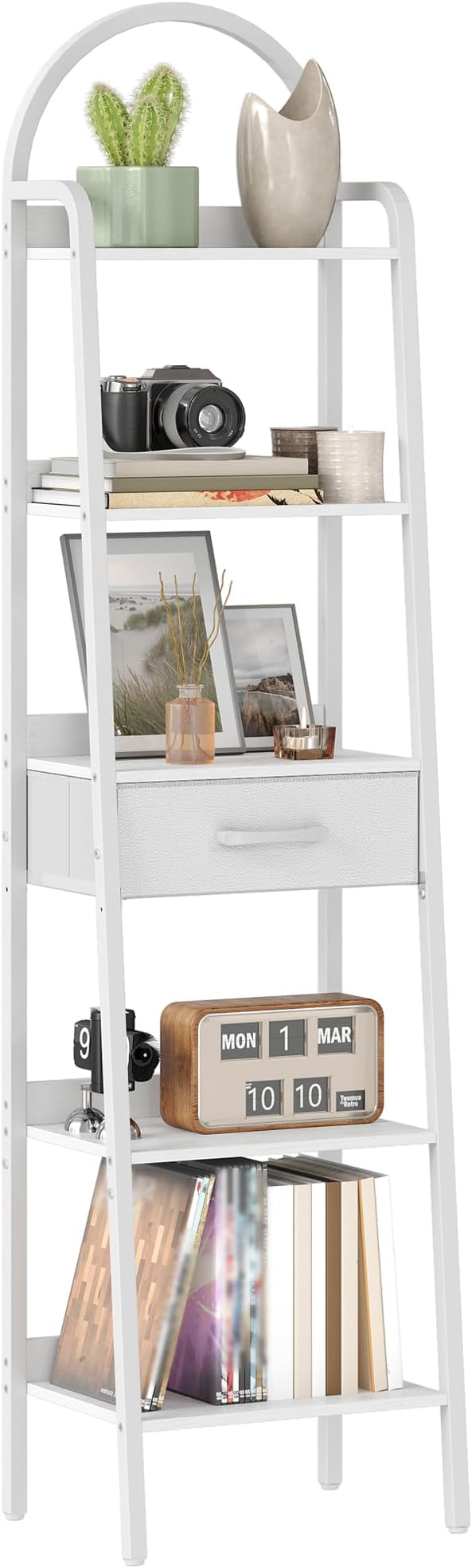 CHOEZON 5 Tier Ladder Shelf with Drawer, Tall Ladder Bookshelf, Standing Bookcase with Metal Frame for Living Room, Bathroom, Home Office, Study, Balcony, White TCJ07WB