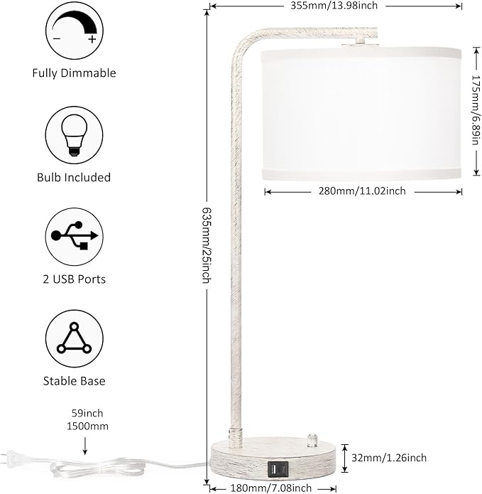 Seaside village Bedside Table Lamp with USB C+A Charging Ports, Fully Stepless Dimmable Modern Farmhouse Nightstand Lamp, Tall Reading Desk Lamp for Bedroom, Living Room, Office, 9W LED Bulb Included