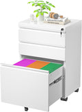 Greenvelly 3-Drawer Mobile File Cabinet with Locking Drawers & Wheels, No Assembly Required White Rolling Metal Filing Cabinet for Home Office, Lockable File Organizer Under Desk or Letter/Legal Files