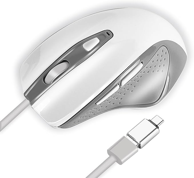 USB C Wired Mouse, Ergonomic Large Size Gaming and Office Mouse with USB C to USB A Adapter for MacBook Pro, iPad Pro, Computer and Laptops-White