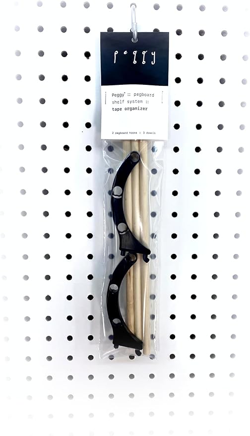 PEGGY Pegboard Accessory Hook and Dowel Organizer Storage for Tape, Steel Wire Spools, Ribbon, Crafts, Hobby, 12” kit (1PK Black)