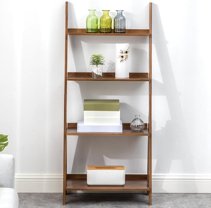Maydear Bamboo Ladder Shelf Bookcase, 4-Tier Leaning Bookshelf Free Standing Organizer Storage Shelves for Living Room, Bedroom, Kitchen, Home Office, Balcony (Walnut)