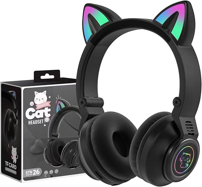 Cat Ear Bluetooth Headphones,Toddlers Kids Wireless Headphones for Boys Girls Amazon Fire Tablet/Laptop/Pad/School (Black)