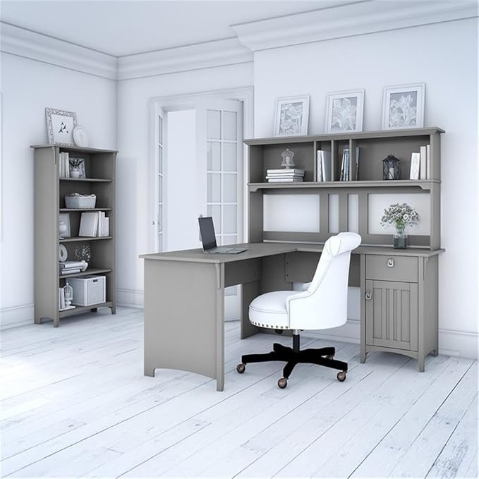 Pemberly Row 60W L Shaped Desk with Hutch and Bookcase, Cape Cod Gray Finish, 5 Shelf Bookcase, Space-Saving Corner Desk, Adjustable Shelves, Cottage Style Furniture for Home Office Use