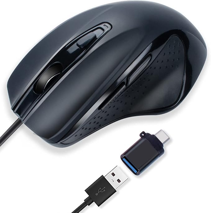 USB-C Wired, Large Size, Ergonomic, Gaming and Office Mouse with 6 Buttons, 4 Level DPI, Page Down/Up Buttons for MacBook Pro, iPad Pro & Laptops, Computer (Black)
