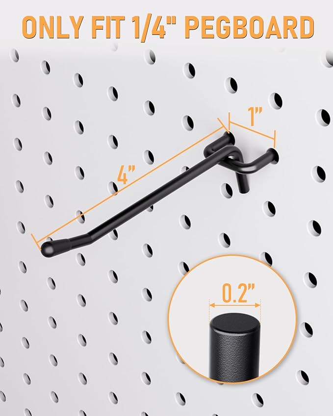 INCLY 60 Pack 4 Inch Black Pegboard Hooks, 1/4" Heavy Duty Peg Board Shelving Hooks Accessories, Peg Board Tool Hangers Only Fit 1/4" Pegboard Hanging Tools Garage, Craft Organizing, Kitchen, Store