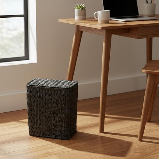 Coeusy Black Wicker Trash Can with Lid and Liner,Waterproof Narrow Waste Basket for Bathroom,Bedroom,Office,3 Gallon