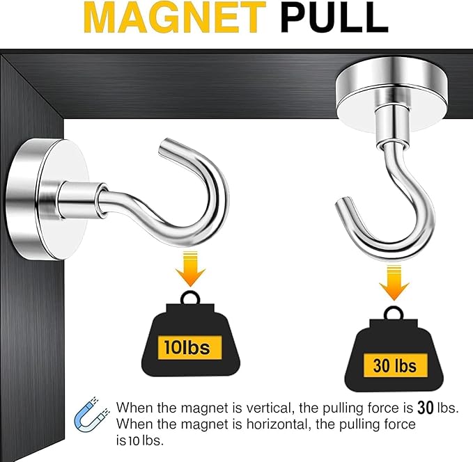 DIYMAG Magnetic Hooks for Cruise Cabins, 10 Pack 30lbs 2026 Ship Essentials N52 Magnet Hook Heavy Duty Strong Magnets Fridge for Hanging Cubicle Accessories Classroom Beach Kitchen Grills Silver
