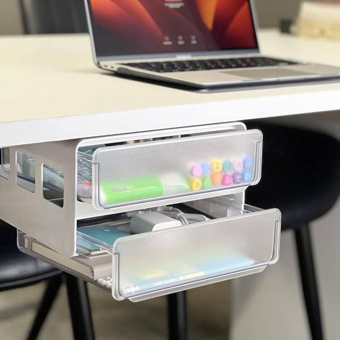MariaMMDI I Self-Adhesive Under Desk Drawer Organizer with Slide-Out I Under Desk Storage with 2 Wide Layers I Office or Home Organization Must Haves