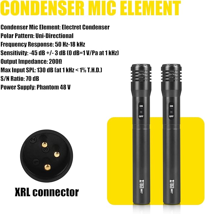XTUGA 7-Piece Drum Microphone Kit,Wired Dynamic Drum Mic Kit - Metal Kick Bass Drum,Tom/Snare & Cymbals Microphone with Thread Clip-On for Stage Performances and Studio Recording(MI7)