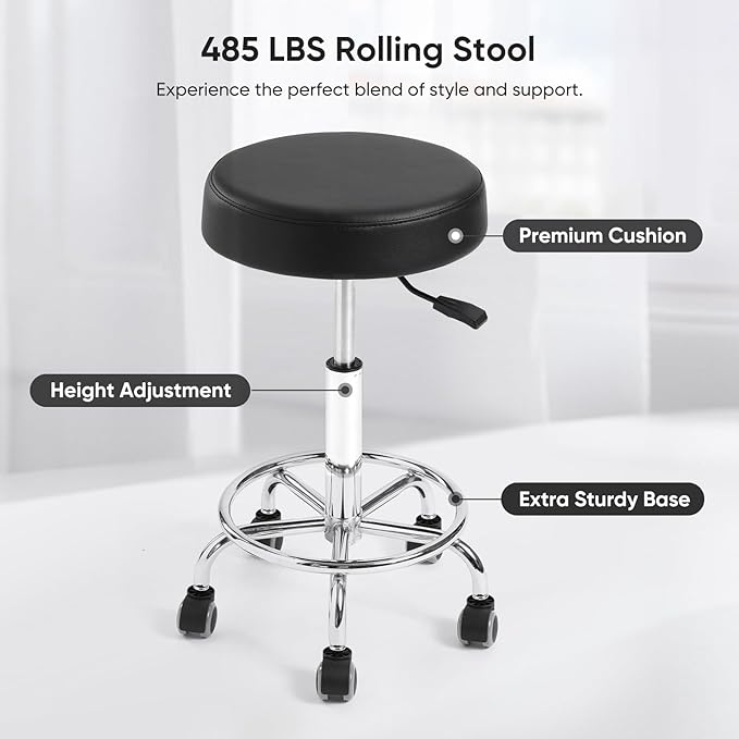 Adjustable Rolling Stool with Wheels & Footrest, 485lb Capacity Drafting Stool Chair, Swivel Salon Spa Tattoo Medical Office Chair, Black
