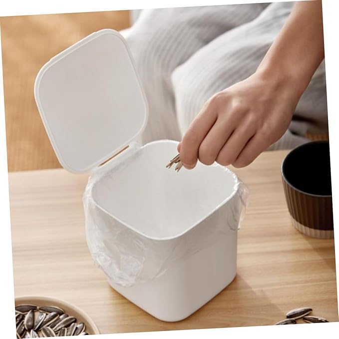 OUNONA Mini Kitchen Trash Can Lid Slim Desktop Trash Bin Plastic White for Kitchen Office
