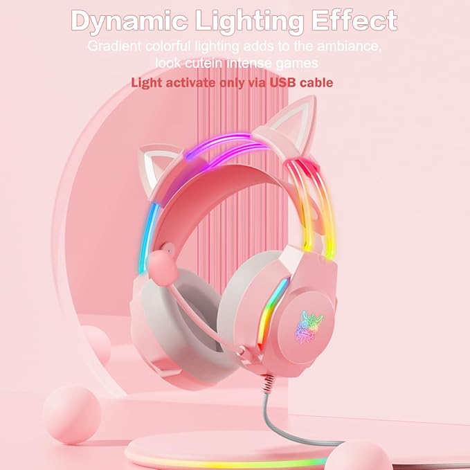 Gaming Headset with Microphone, Cat Ear Headphones for PC Laptop PS4 PS5 Xbox Switch, Rainbow RGB Lighting & Virtual Surround Sound, 3.5mm Wired Over Ear Headphones, Ergonomic
