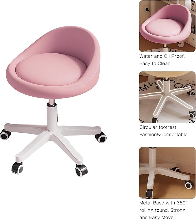 Rolling Stool Chair with Backrest, Round PU Leather Adjustable Height Hydraulic Swivel Rolling Stool for Spa Salon Tattoo Massage Doctor Dental Medical Office Pink