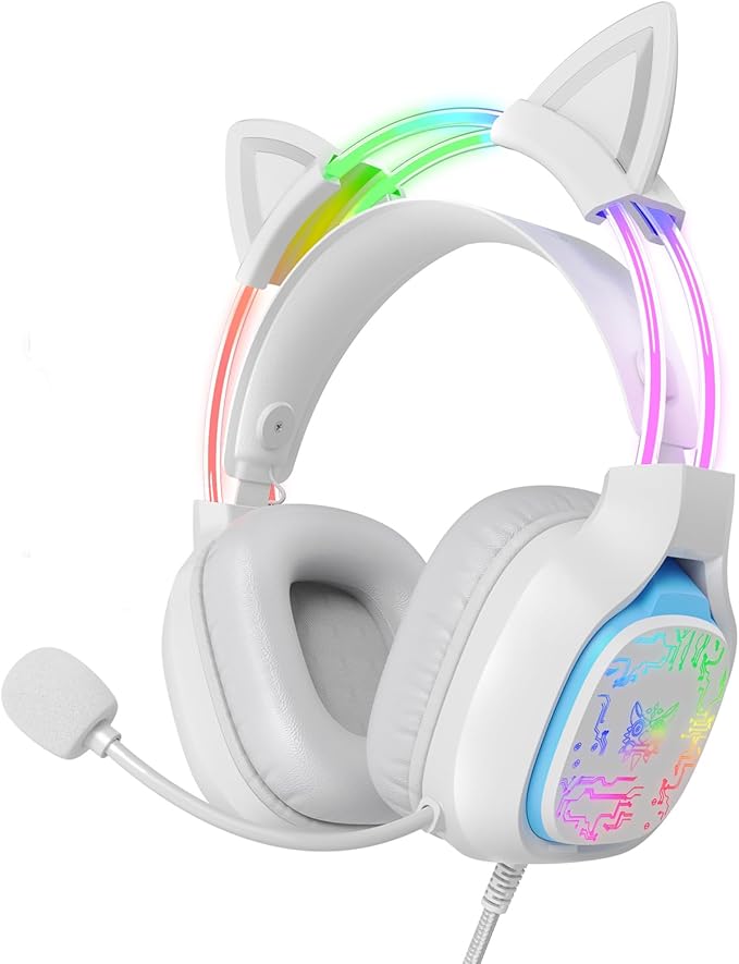 Gaming Headset with Microphone, RGB Lights, Detachable Cat Ear, Lightweight Over-Ear Headphones with Adjustable Headband for PC, PS4, PS5, Mac, Switch, Surround Sound, in-Line Control, White