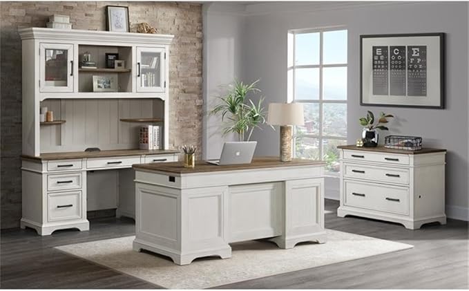 Pemberly Row Home Office Set with Lateral File Cabinet and Writing Desk in White and Oak