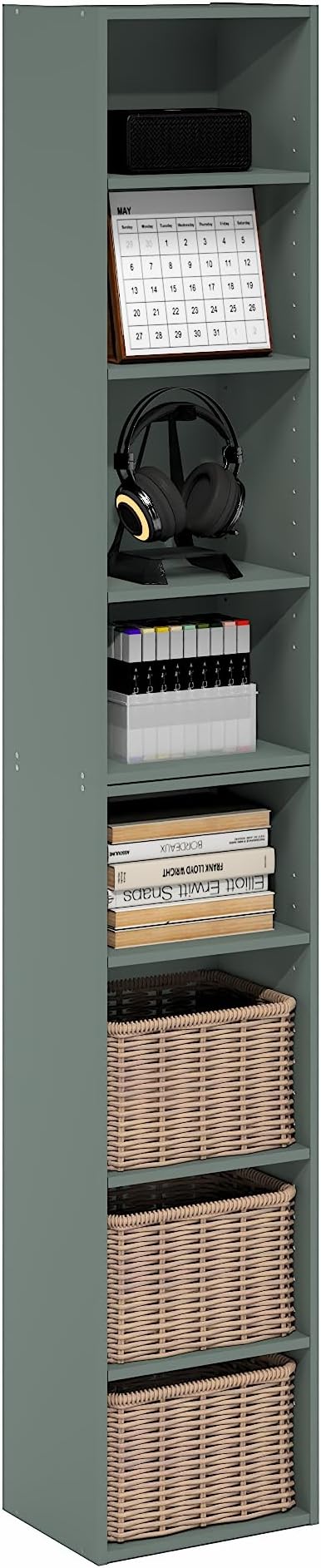 Furinno PASIR Book Shelf, 8-Tier Separable Tall Bookshelf, Stackable Bookcase with Adjustable Open Shelf, 9.3 x 11.8 x 70.9, for Living Room, Bedroom, Home Office, Sage Green